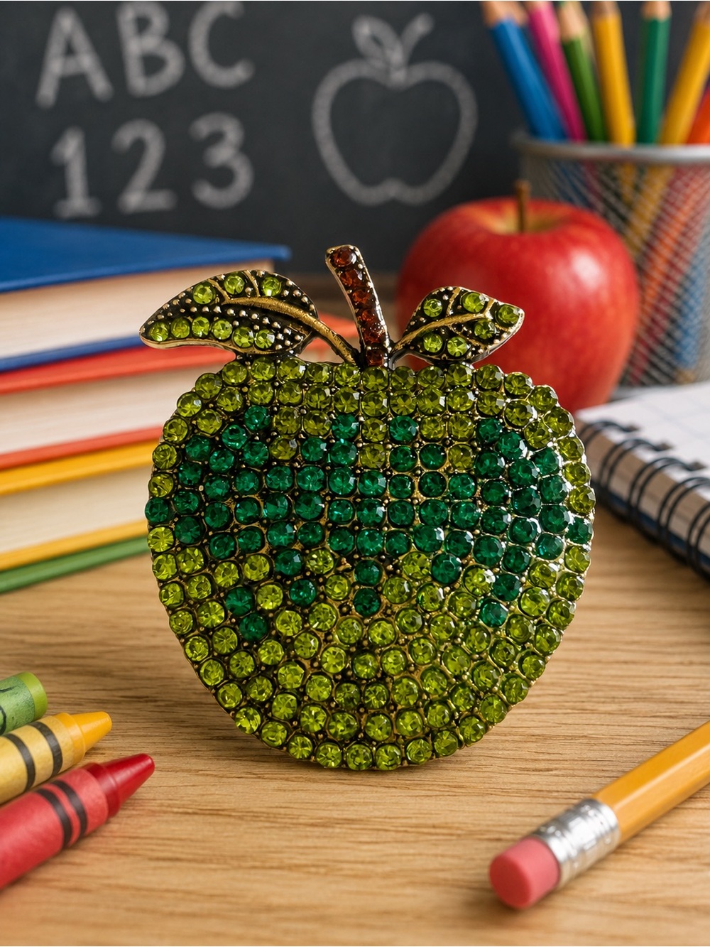 Sparkling green crystal apple accent brooch
